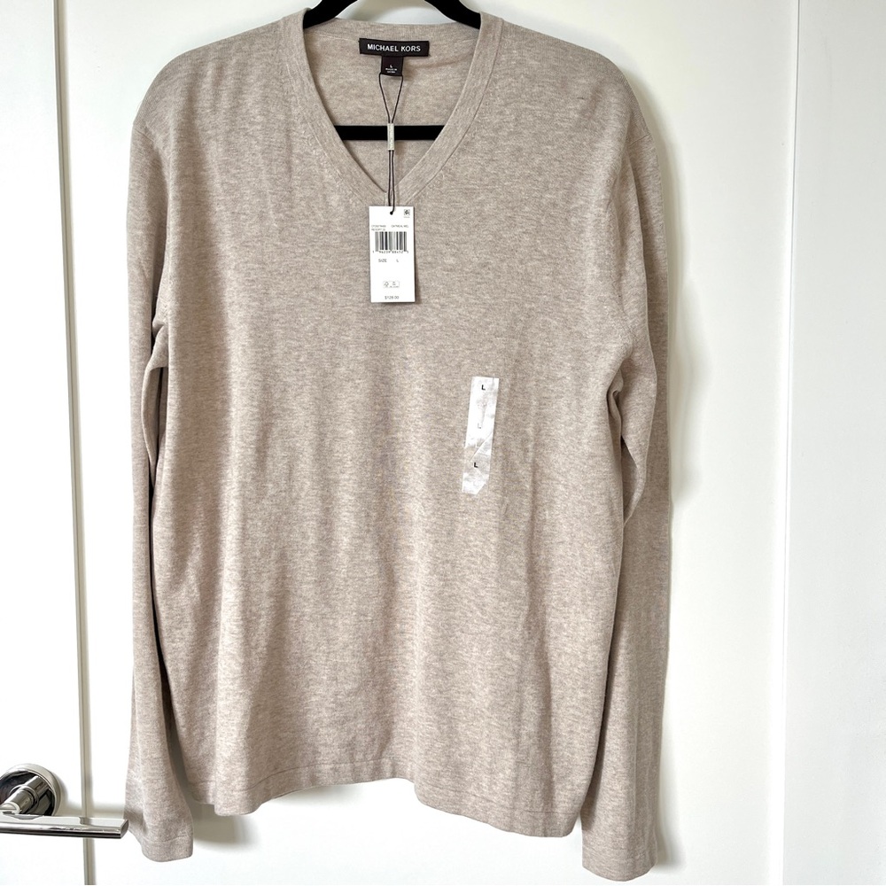 NEW 100% Cotton Michael Kors V-Neck Oatmeal Long Sleeve Men’s Size L